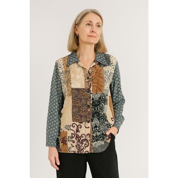 Vintage Kloz Studio Womens Top 2X Patchwork 80s Artsy Abstract Teacher Neutral - Picture 1 of 7